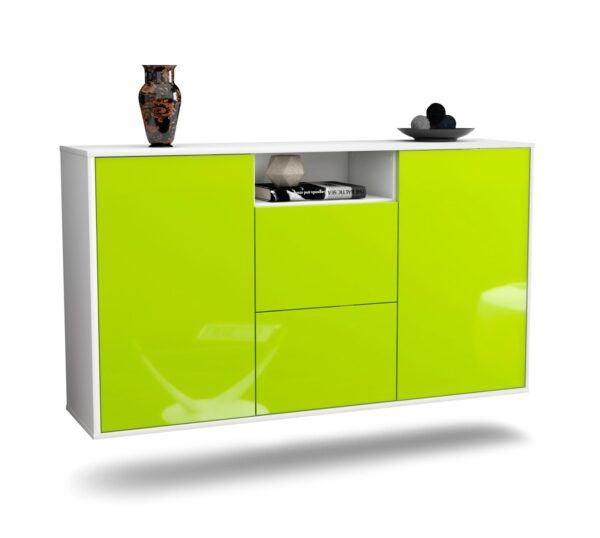 Sideboard Dayton | hängend | Korpus Weiß | Front in Hochglanz Grün | 136x79x35cm (BxHxT)