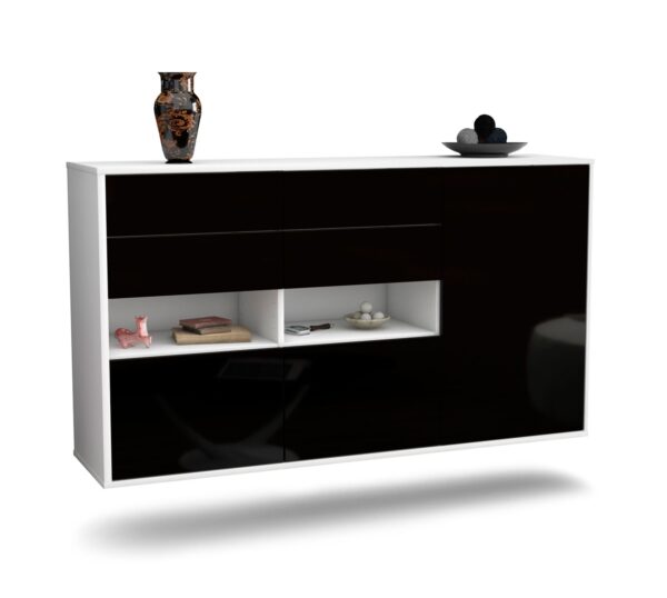 Sideboard Santa Rosa | hängend | Korpus Weiß | Front in Hochglanz Schwarz | 136x79x35cm (BxHxT)