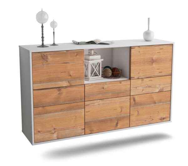 Sideboard Pomona | hängend | Korpus Weiß | Front in Pinie Holz Optik | 136x79x35cm (BxHxT)