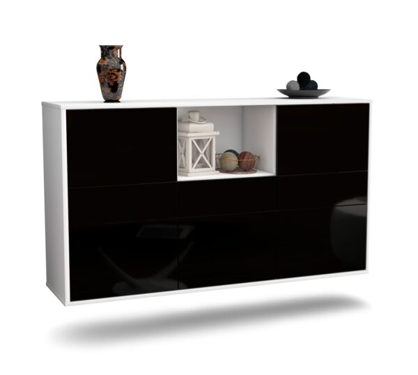 Sideboard Pomona | hängend | Korpus Weiß | Front in Hochglanz Schwarz | 136x79x35cm (BxHxT)