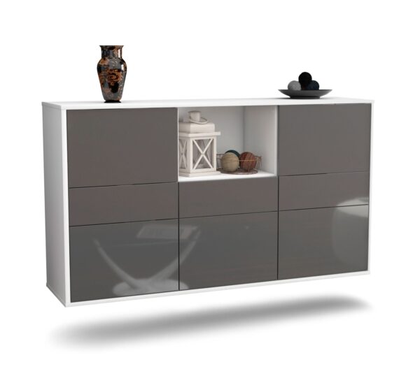 Sideboard Pomona | hängend | Korpus Weiß | Front in Hochglanz Grau | 136x79x35cm (BxHxT)