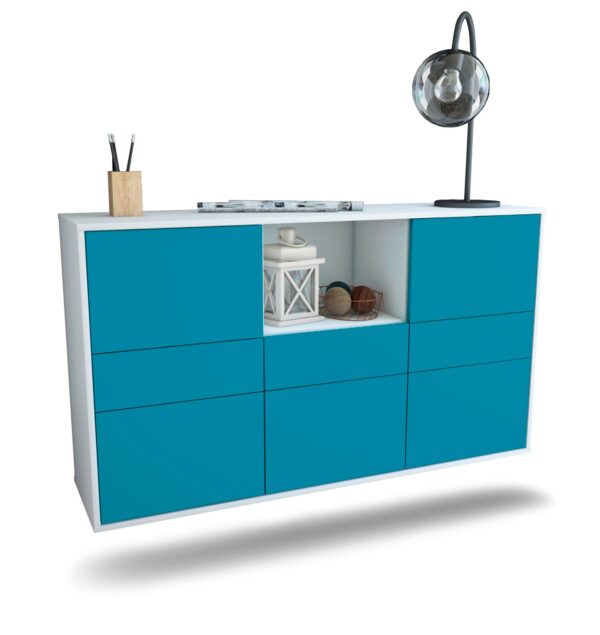 Sideboard Pomona | hängend | Korpus Weiß | Front in Türkis | 136x79x35cm (BxHxT)