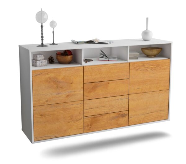 Sideboard Salem | hängend | Korpus Weiß | Front in Eiche Holz Optik | 136x79x35cm (BxHxT)