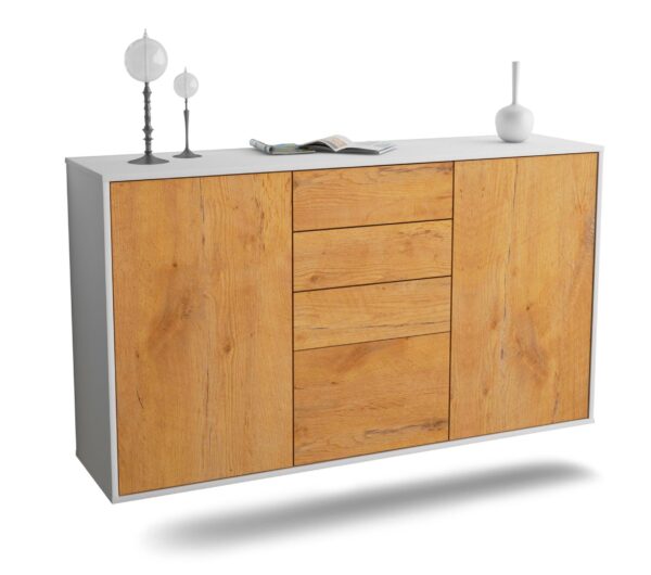 Sideboard Sioux Falls | hängend | Korpus Weiß | Front in Eiche Holz Optik | 136x79x35cm (BxHxT)