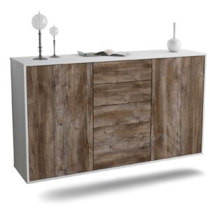 Sideboard Sioux Falls | hängend | Korpus Weiß | Front in Treibholz Holz Optik | 136x79x35cm (BxHxT)