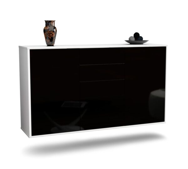 Sideboard Sioux Falls | hängend | Korpus Weiß | Front in Hochglanz Schwarz | 136x79x35cm (BxHxT)