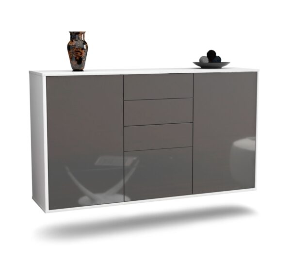 Sideboard Sioux Falls | hängend | Korpus Weiß | Front in Hochglanz Grau | 136x79x35cm (BxHxT)