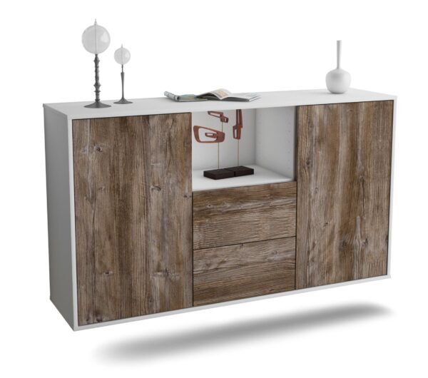 Sideboard Port St. Lucie | hängend | Korpus Weiß | Front in Treibholz Holz Optik | 136x79x35cm (BxHxT)