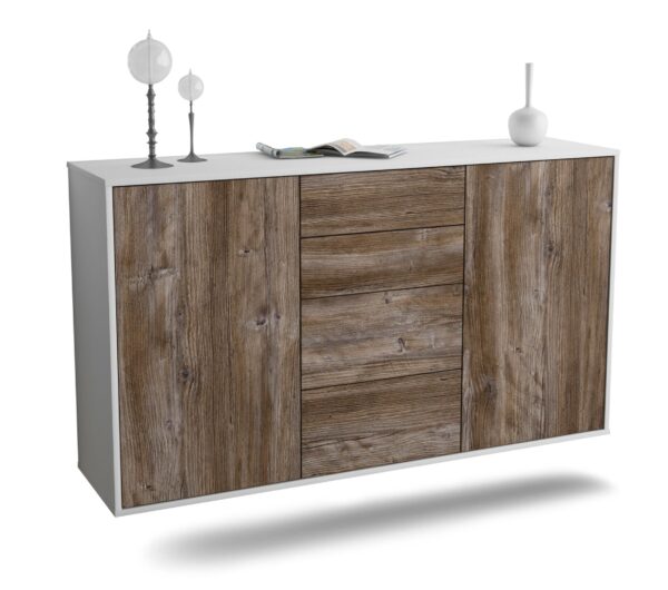 Sideboard Corona | hängend | Korpus Weiß | Front in Treibholz Holz Optik | 136x79x35cm (BxHxT)