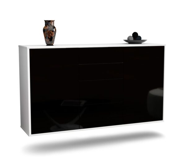 Sideboard Corona | hängend | Korpus Weiß | Front in Hochglanz Schwarz | 136x79x35cm (BxHxT)