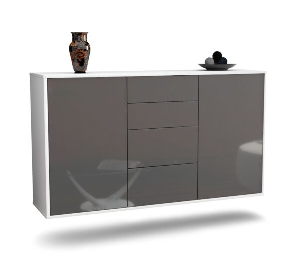 Sideboard Corona | hängend | Korpus Weiß | Front in Hochglanz Grau | 136x79x35cm (BxHxT)