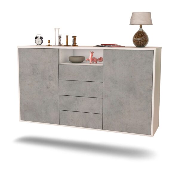 Sideboard Eugene | hängend | Korpus Weiß | Front in Beton Optik | 136x79x35cm (BxHxT)
