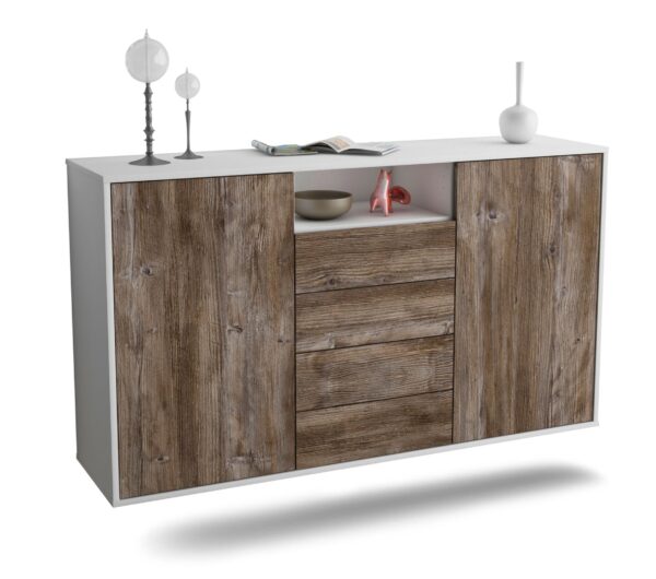 Sideboard Eugene | hängend | Korpus Weiß | Front in Treibholz Holz Optik | 136x79x35cm (BxHxT)