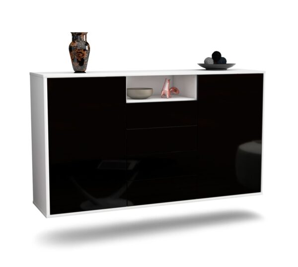 Sideboard Eugene | hängend | Korpus Weiß | Front in Hochglanz Schwarz | 136x79x35cm (BxHxT)
