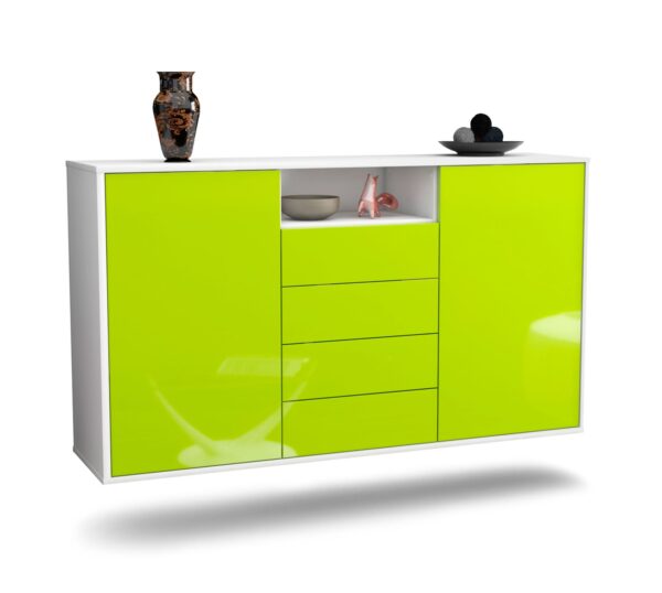 Sideboard Eugene | hängend | Korpus Weiß | Front in Hochglanz Grün | 136x79x35cm (BxHxT)