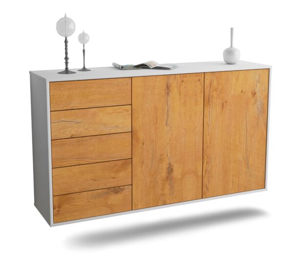 Sideboard Peoria | hängend | Korpus Weiß | Front in Eiche Holz Optik | 136x79x35cm (BxHxT)