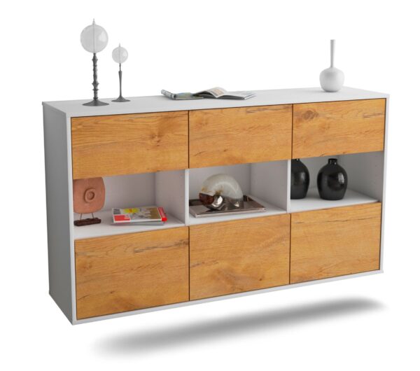 Sideboard Paterson | hängend | Korpus Weiß | Front in Eiche Holz Optik | 136x79x35cm (BxHxT)