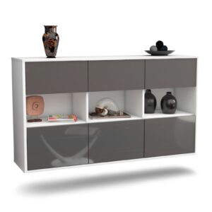 Sideboard Paterson | hängend | Korpus Weiß | Front in Hochglanz Grau | 136x79x35cm (BxHxT)