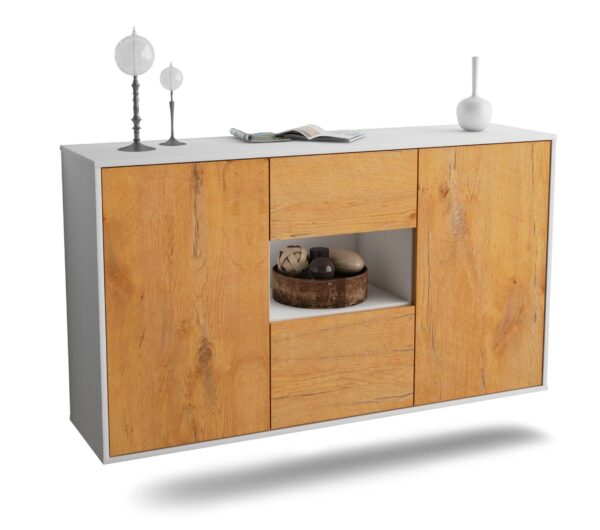 Sideboard Pasadena | hängend | Korpus Weiß | Front in Eiche Holz Optik | 136x79x35cm (BxHxT)