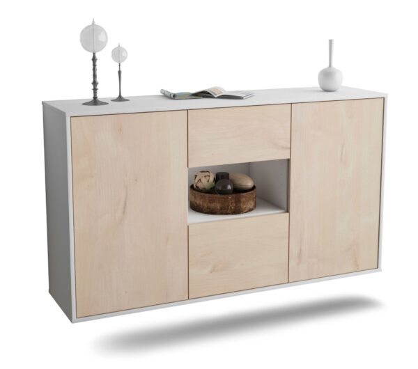 Sideboard Pasadena | hängend | Korpus Weiß | Front in Zeder Holz Optik | 136x79x35cm (BxHxT)