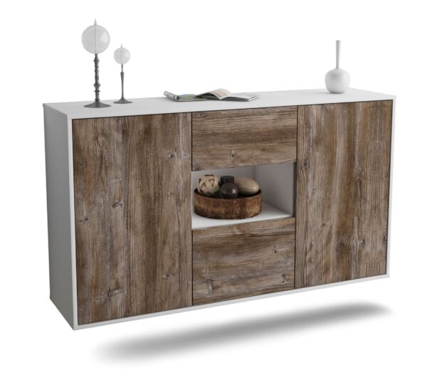 Sideboard Pasadena | hängend | Korpus Weiß | Front in Treibholz Holz Optik | 136x79x35cm (BxHxT)