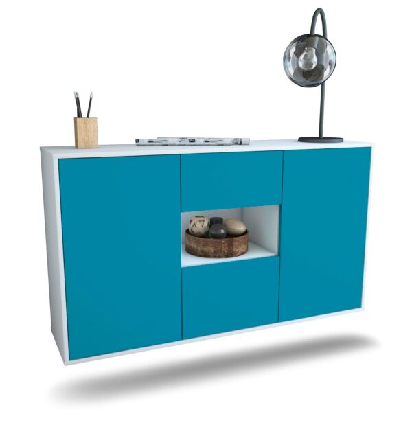 Sideboard Pasadena | hängend | Korpus Weiß | Front in Türkis | 136x79x35cm (BxHxT)