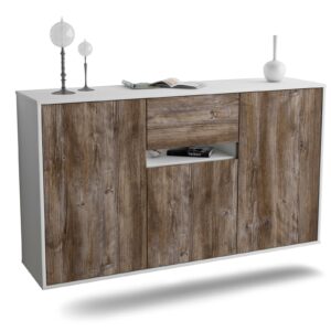 Sideboard Hampton | hängend | Korpus Weiß | Front in Treibholz Holz Optik | 136x79x35cm (BxHxT)