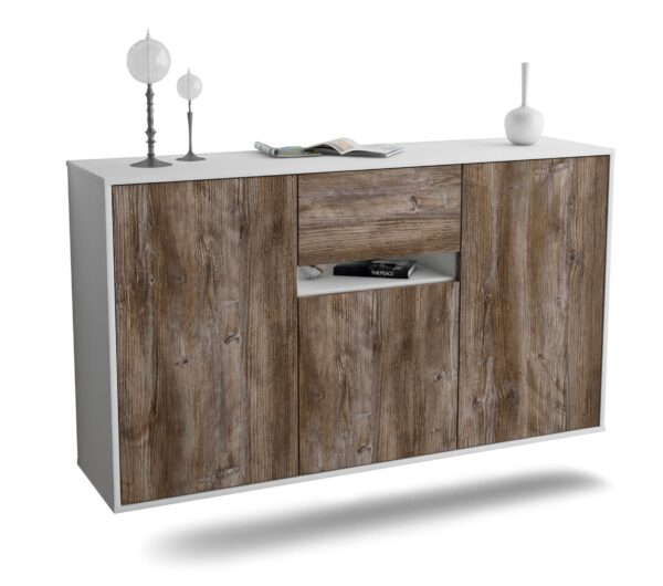Sideboard Hampton | hängend | Korpus Weiß | Front in Treibholz Holz Optik | 136x79x35cm (BxHxT)