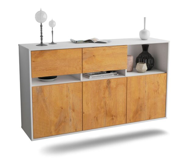 Sideboard Enterprise | hängend | Korpus Weiß | Front in Eiche Holz Optik | 136x79x35cm (BxHxT)