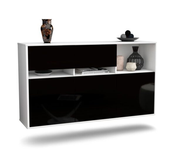 Sideboard Enterprise | hängend | Korpus Weiß | Front in Hochglanz Schwarz | 136x79x35cm (BxHxT)