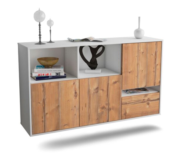 Sideboard Salinas | hängend | Korpus Weiß | Front in Pinie Holz Optik | 136x79x35cm (BxHxT)