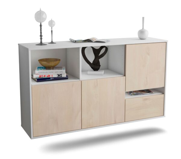 Sideboard Salinas | hängend | Korpus Weiß | Front in Zeder Holz Optik | 136x79x35cm (BxHxT)