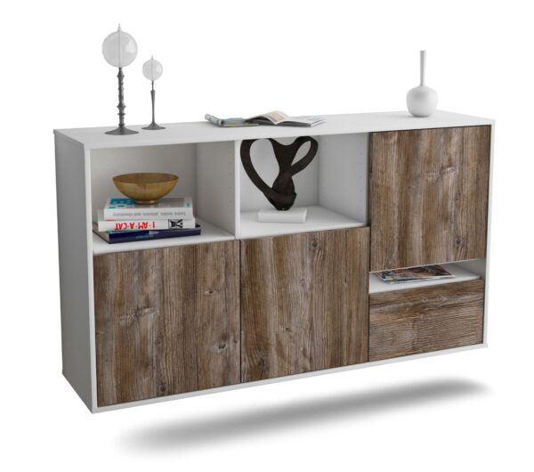 Sideboard Salinas | hängend | Korpus Weiß | Front in Treibholz Holz Optik | 136x79x35cm (BxHxT)