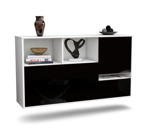 Sideboard Salinas | hängend | Korpus Weiß | Front in Hochglanz Schwarz | 136x79x35cm (BxHxT)