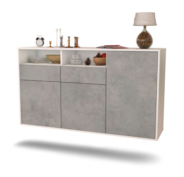 Sideboard Hollywood | hängend | Korpus Weiß | Front in Beton Optik | 136x79x35cm (BxHxT)