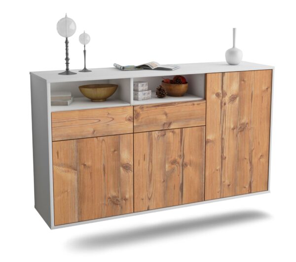 Sideboard Hollywood | hängend | Korpus Weiß | Front in Pinie Holz Optik | 136x79x35cm (BxHxT)
