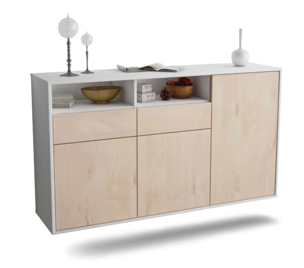 Sideboard Hollywood | hängend | Korpus Weiß | Front in Zeder Holz Optik | 136x79x35cm (BxHxT)