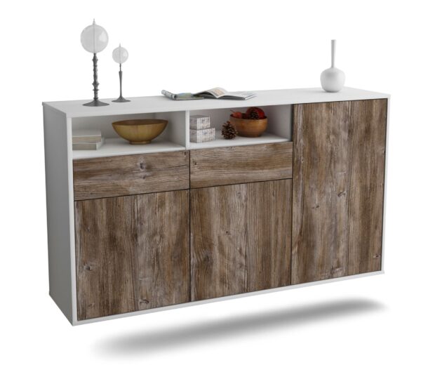 Sideboard Hollywood | hängend | Korpus Weiß | Front in Treibholz Holz Optik | 136x79x35cm (BxHxT)