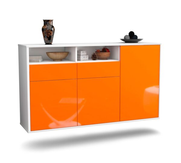 Sideboard Hollywood | hängend | Korpus Weiß | Front in Hochglanz Orange | 136x79x35cm (BxHxT)