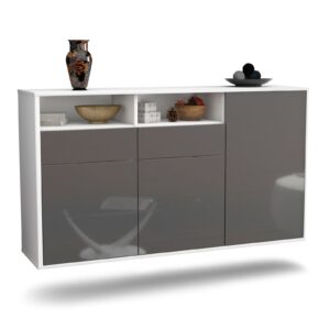 Sideboard Hollywood | hängend | Korpus Weiß | Front in Hochglanz Grau | 136x79x35cm (BxHxT)