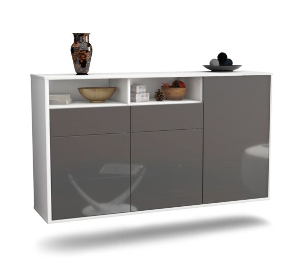 Sideboard Hollywood | hängend | Korpus Weiß | Front in Hochglanz Grau | 136x79x35cm (BxHxT)