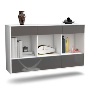 Sideboard Torrance | hängend | Korpus Weiß | Front in Hochglanz Grau | 136x79x35cm (BxHxT)