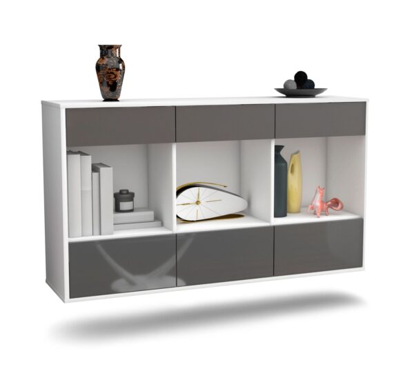Sideboard Torrance | hängend | Korpus Weiß | Front in Hochglanz Grau | 136x79x35cm (BxHxT)