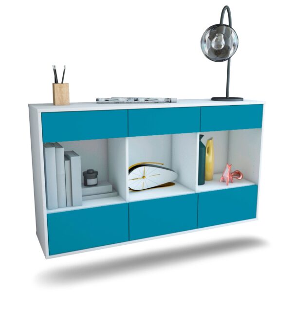 Sideboard Torrance | hängend | Korpus Weiß | Front in Türkis | 136x79x35cm (BxHxT)