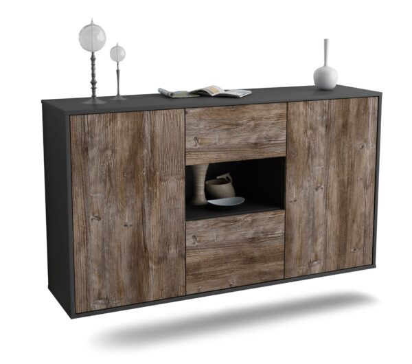 Sideboard Tallahassee | hängend | Korpus Anthrazit | Front in Treibholz Holz Optik | 136x79x35cm (BxHxT)