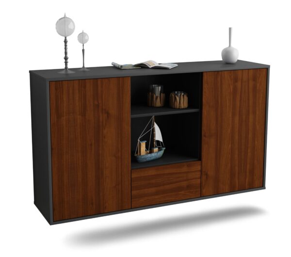 Sideboard Oceanside | hängend | Korpus Anthrazit | Front in Walnuss Holz Optik | 136x79x35cm (BxHxT)