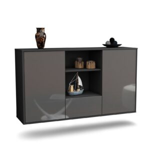 Sideboard Oceanside | hängend | Korpus Anthrazit | Front in Hochglanz Grau | 136x79x35cm (BxHxT)