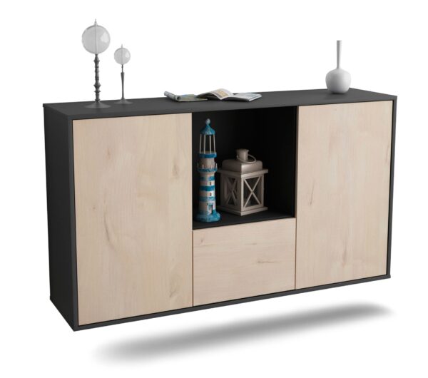 Sideboard Garden Grove | hängend | Korpus Anthrazit | Front in Zeder Holz Optik | 136x79x35cm (BxHxT)