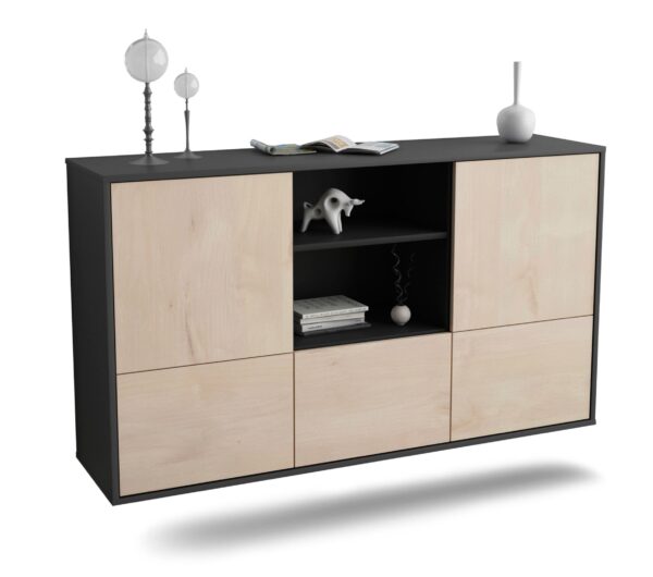 Sideboard Grand Prairie | hängend | Korpus Anthrazit | Front in Zeder Holz Optik | 136x79x35cm (BxHxT)