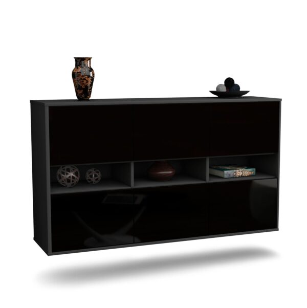 Sideboard Rockford | hängend | Korpus Anthrazit | Front in Hochglanz Schwarz | 136x79x35cm (BxHxT)